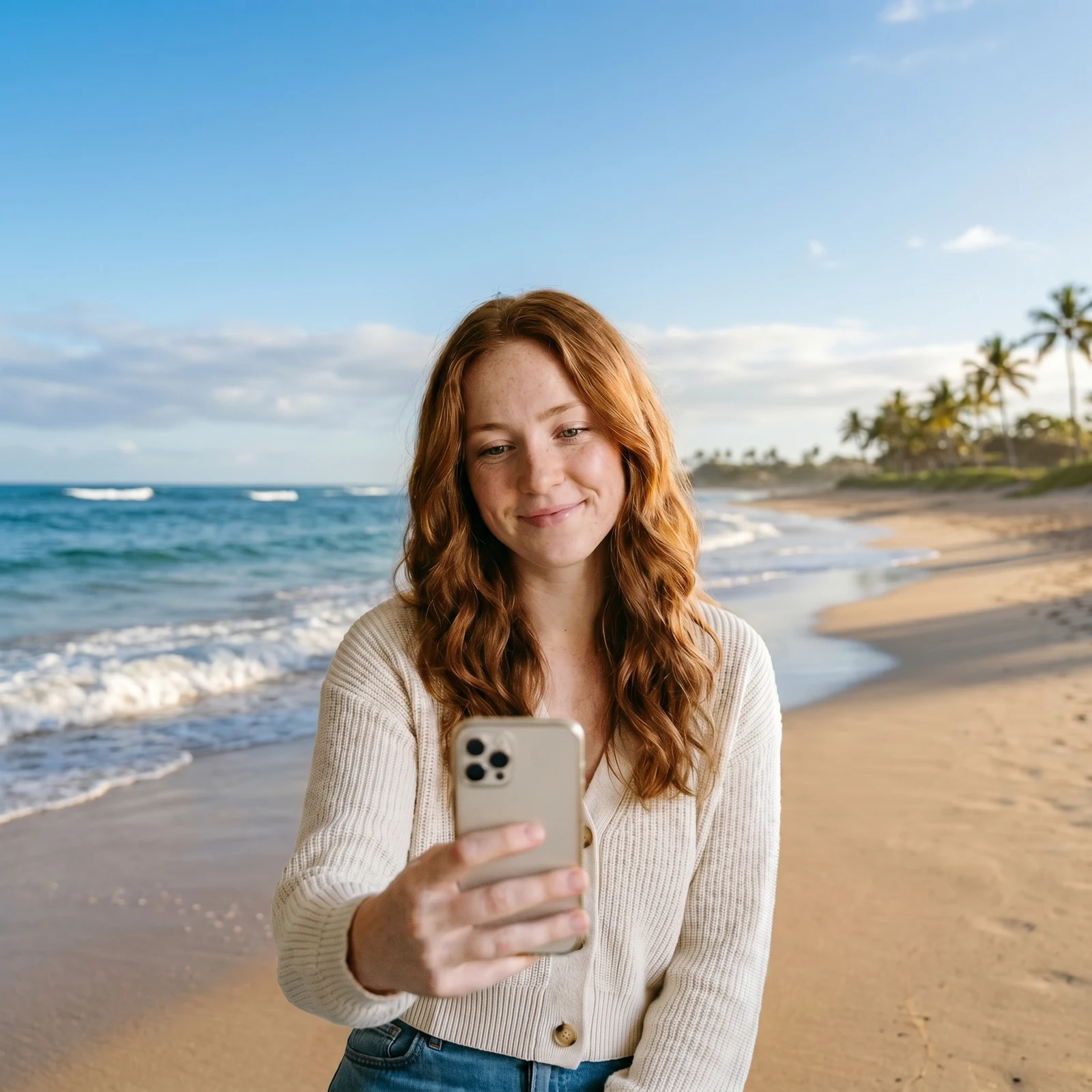 A subject composited onto a new beach background
